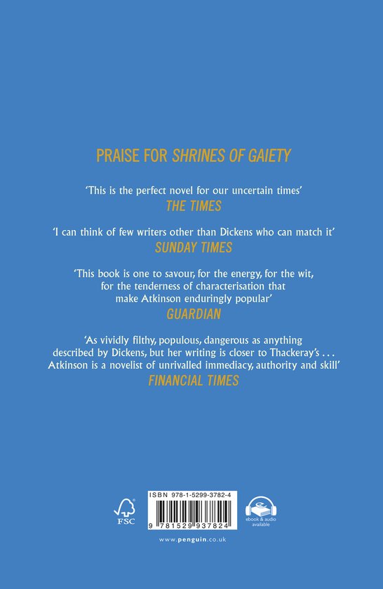 Achterzijde van het boek 'Shrines of Gaiety' met lovende recensies in het geel op een blauwe achtergrond.