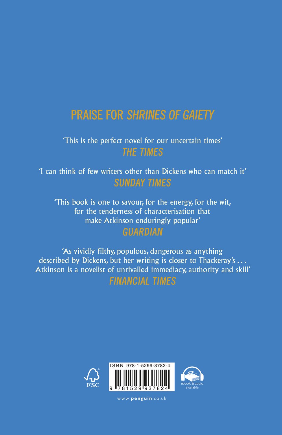 Achterzijde van het boek 'Shrines of Gaiety' met lovende recensies in het geel op een blauwe achtergrond.