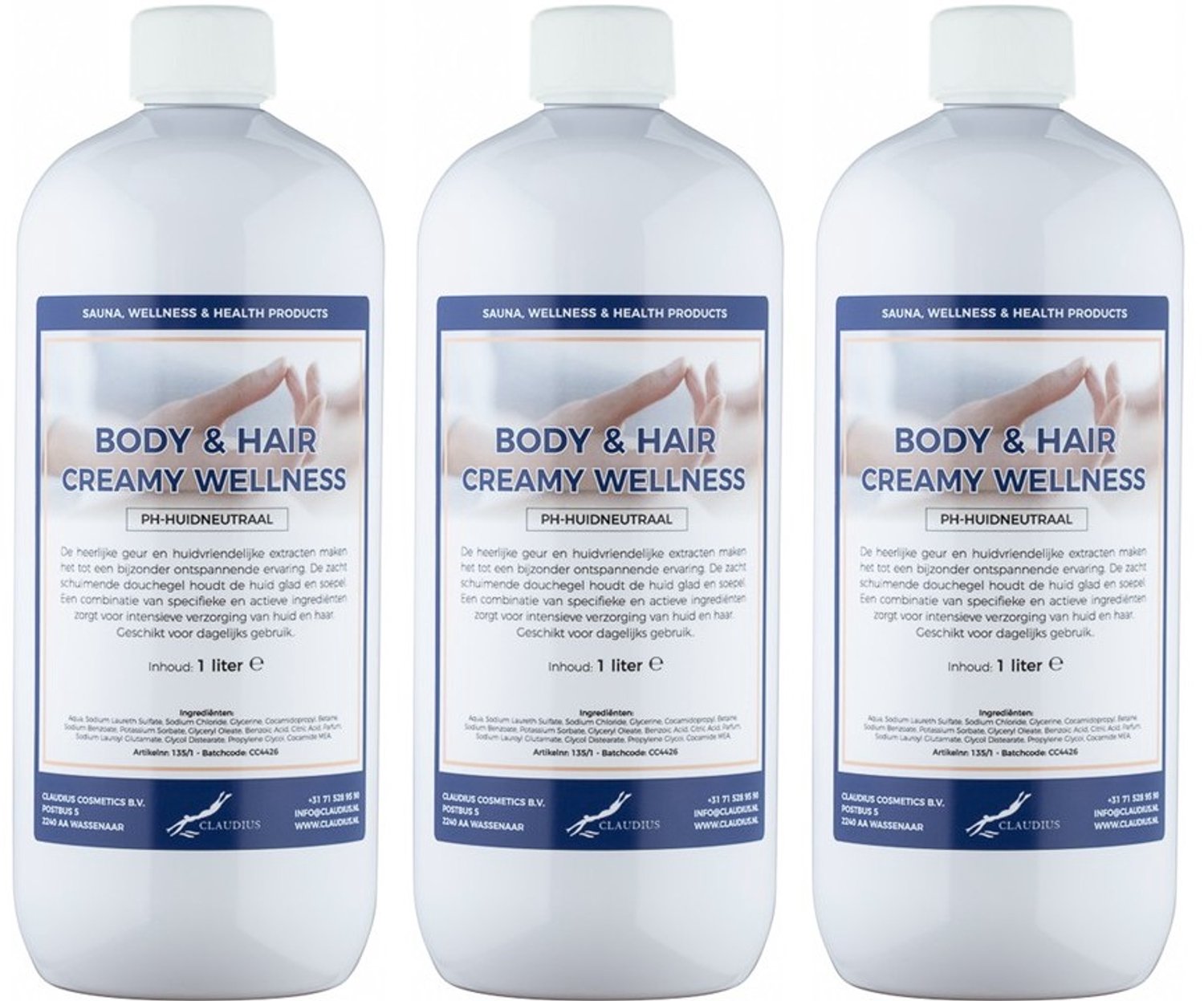 Claudius Body & Hair Creamy Wellness - 1 liter - set van 3 stuks - showergel - navulling - voordeelverpakking