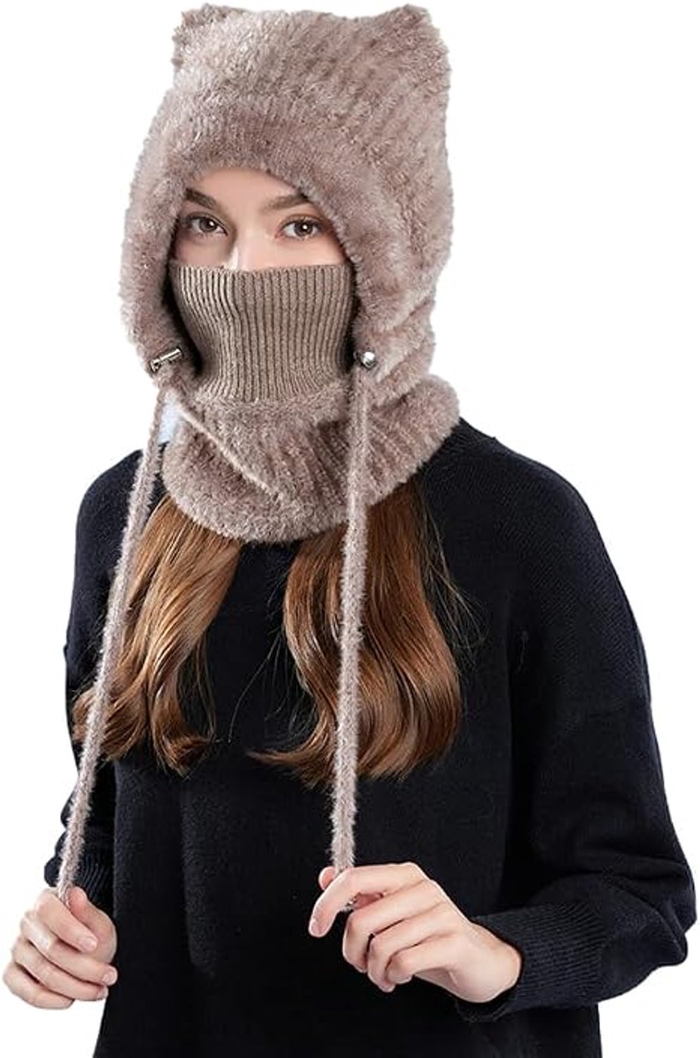 Hoed – Damesmuts – Warme pluche muts – Set met sjaal en masker – Warme gebreide muts met kattenoortjes en capuchon – Koffie – Geschikt voor herfst en winter – Zacht en comfortabel