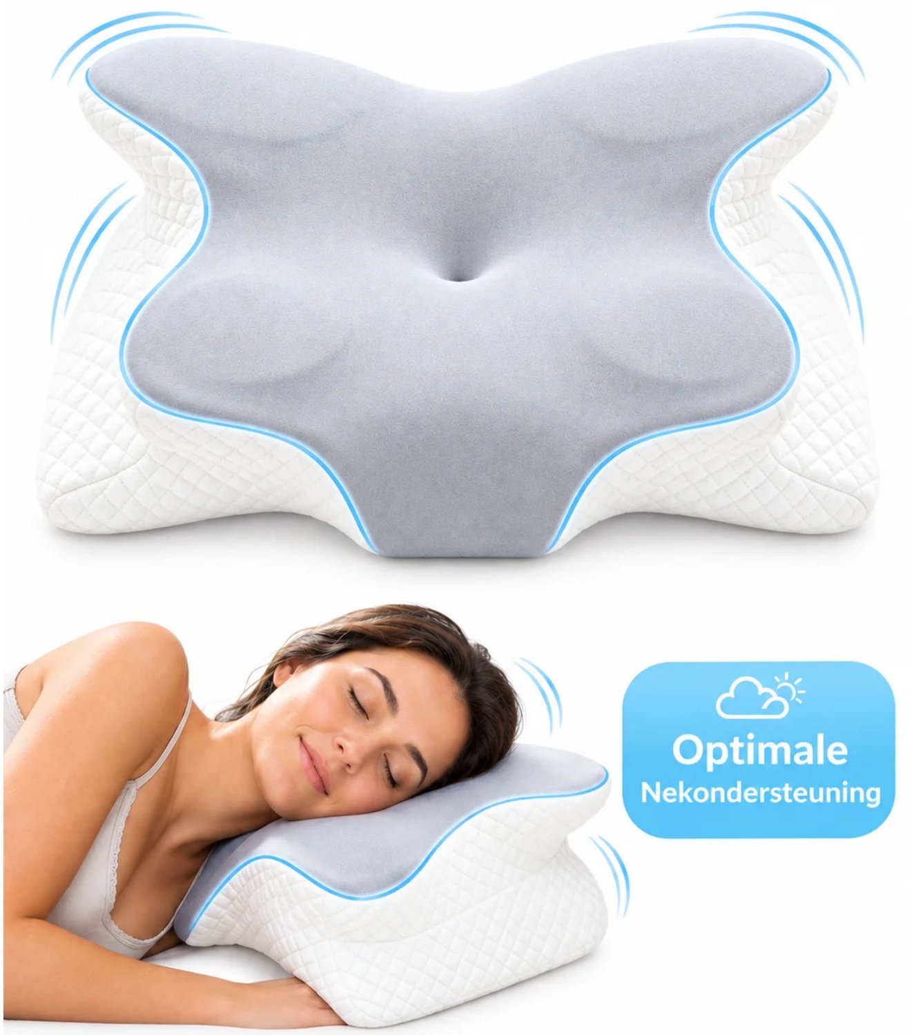 Nextora Vlinderkussen - Memory Foam Hoofdkussen - Ergonomisch - 46 x 64 x 14 cm - Afneembare Hoes Grijs