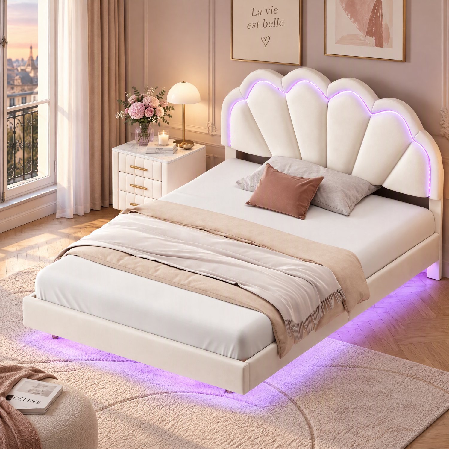 MEXUS Meisjesbed 140x200 cm met ledverlichting, zwevend ontwerp, in hoogte verstelbaar bloemvormig hoofdbord, prinsessenbed met lattenbodem, bekleed met fluweel Beige