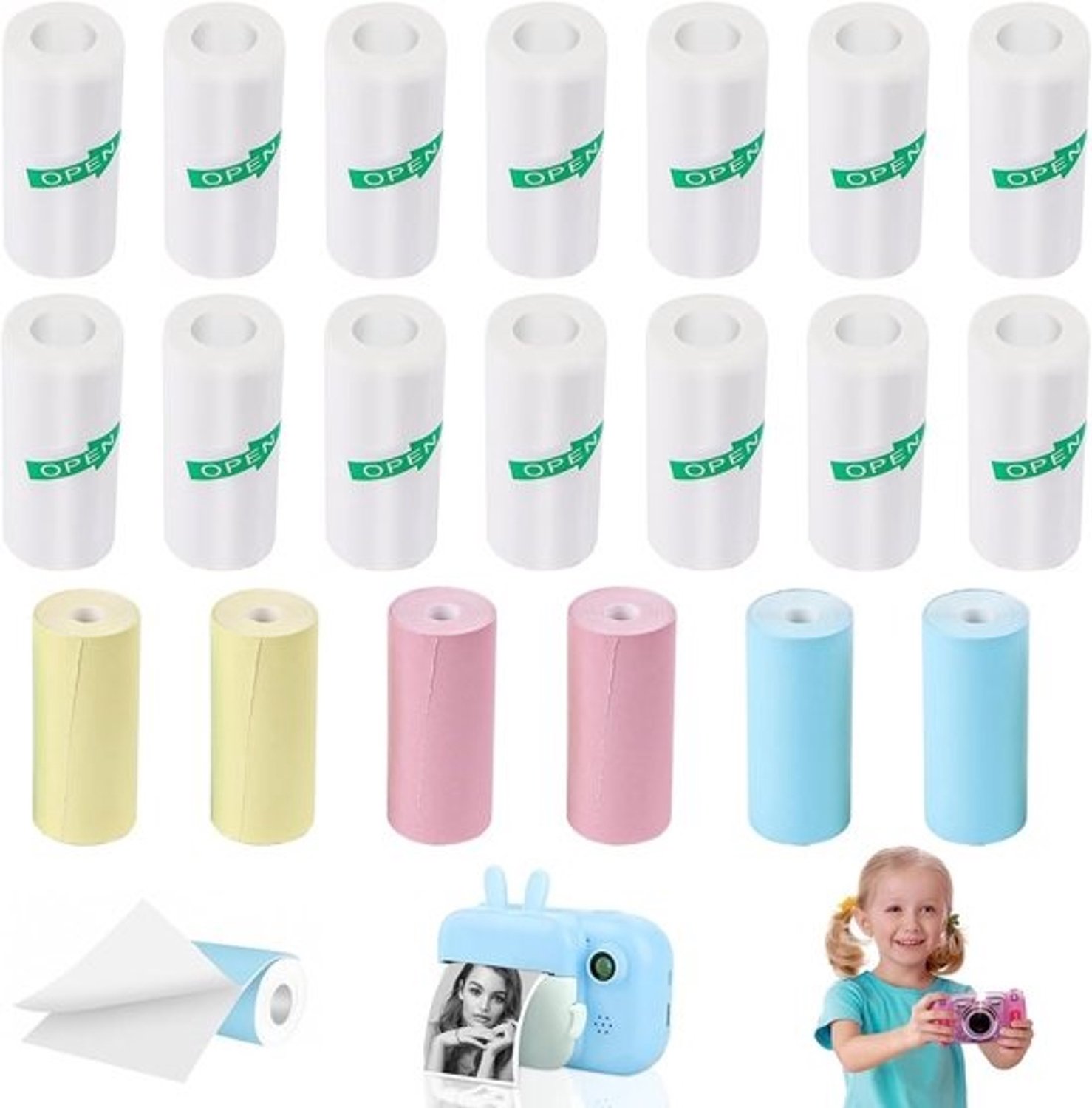 20 thermische papierrollen voor mini-printer - 57x25 mm - 14 witte en 6 gekleurde - geschikt voor kindercamera en instantcamera's