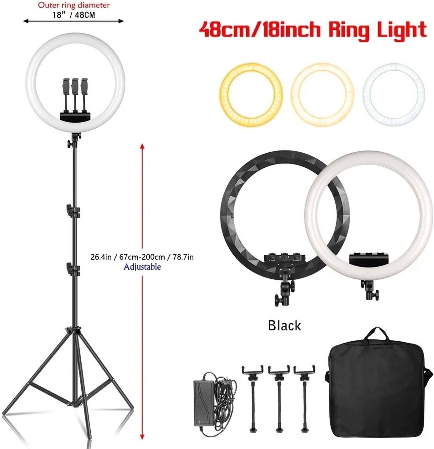 Vurnomi Ringlamp - Ringlamp met statief - Selfie ring light - Tiktok lamp - Livestream - Content creator - 18 inch - Zwart