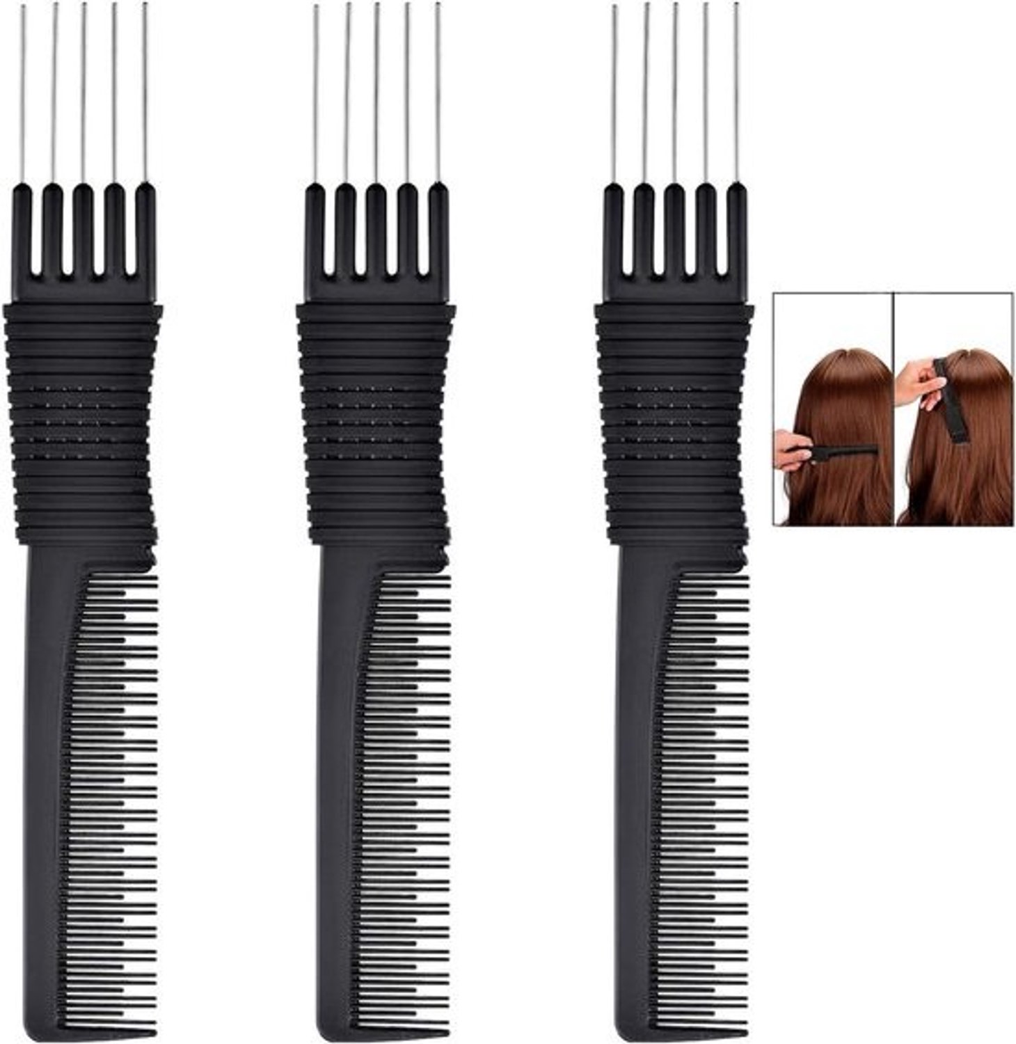 Set met 3 zwarte antistatische kammen voor styling, voorzien van metalen tanden voor fijn en dik haar