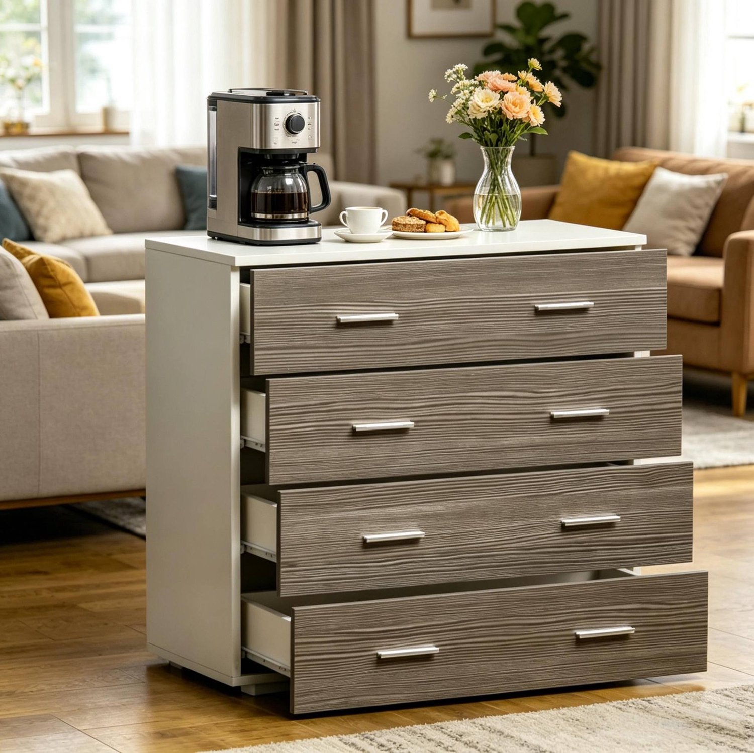 CHICFURN Ladekast - Vier lades - Anti-kantelvoorziening - Grijs en wit