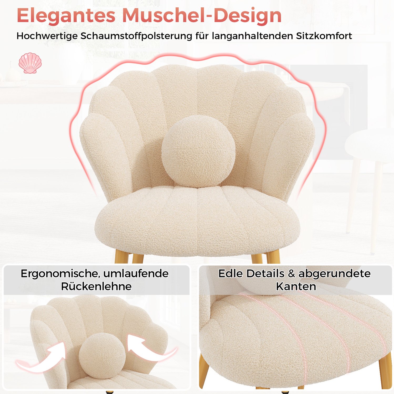 FloraGrace Eetkamerstoel 60 x 62,5 x 83 Cm - Set Van 4 Met Schelpvormige Rugleuning En Kussens - Voor Eetkamer En Kaptafel - Teddystof - Beige