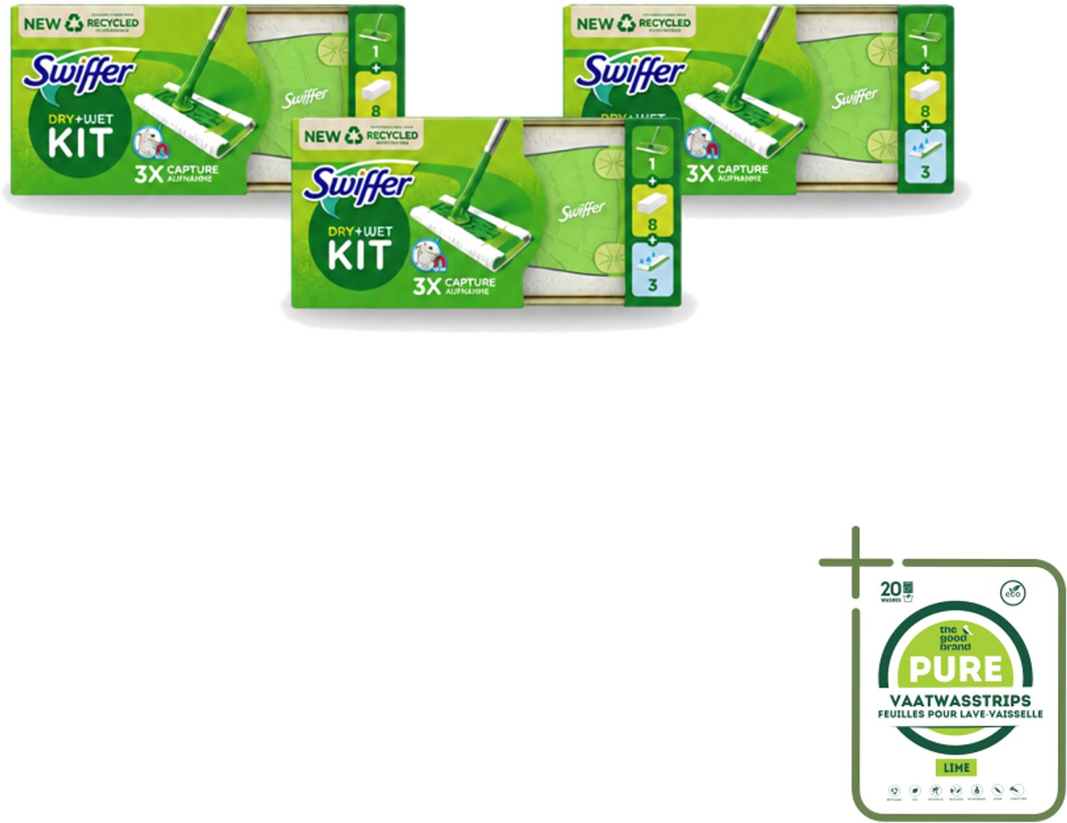 3 x Swiffer – Vloerreiniger – Starterkit – 1 dweil + 8 droge & 3 vochtige doekjes - Grootverpakking - Vaatwasstrips - Vloerreiniger - Schoonmaken - Stofzuiger - Droge Doek - Vochtige Doek
