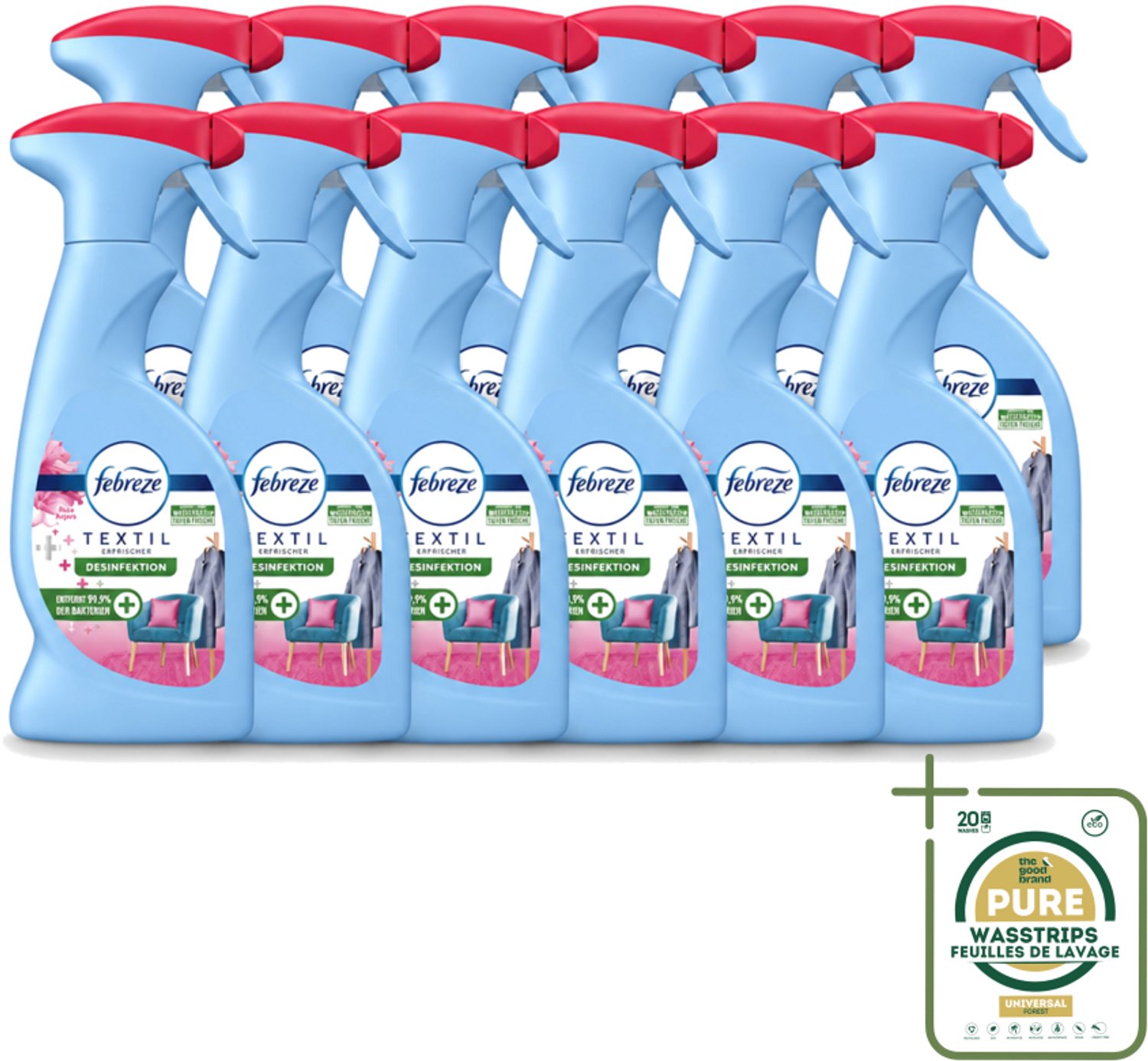 12 x Febreze – Textielspray – Roze Anjers – 375 ml - Wasstrips - Textielgeur - Textielverzorging - Geurverwijdering - Textielspray - Roze Anjers