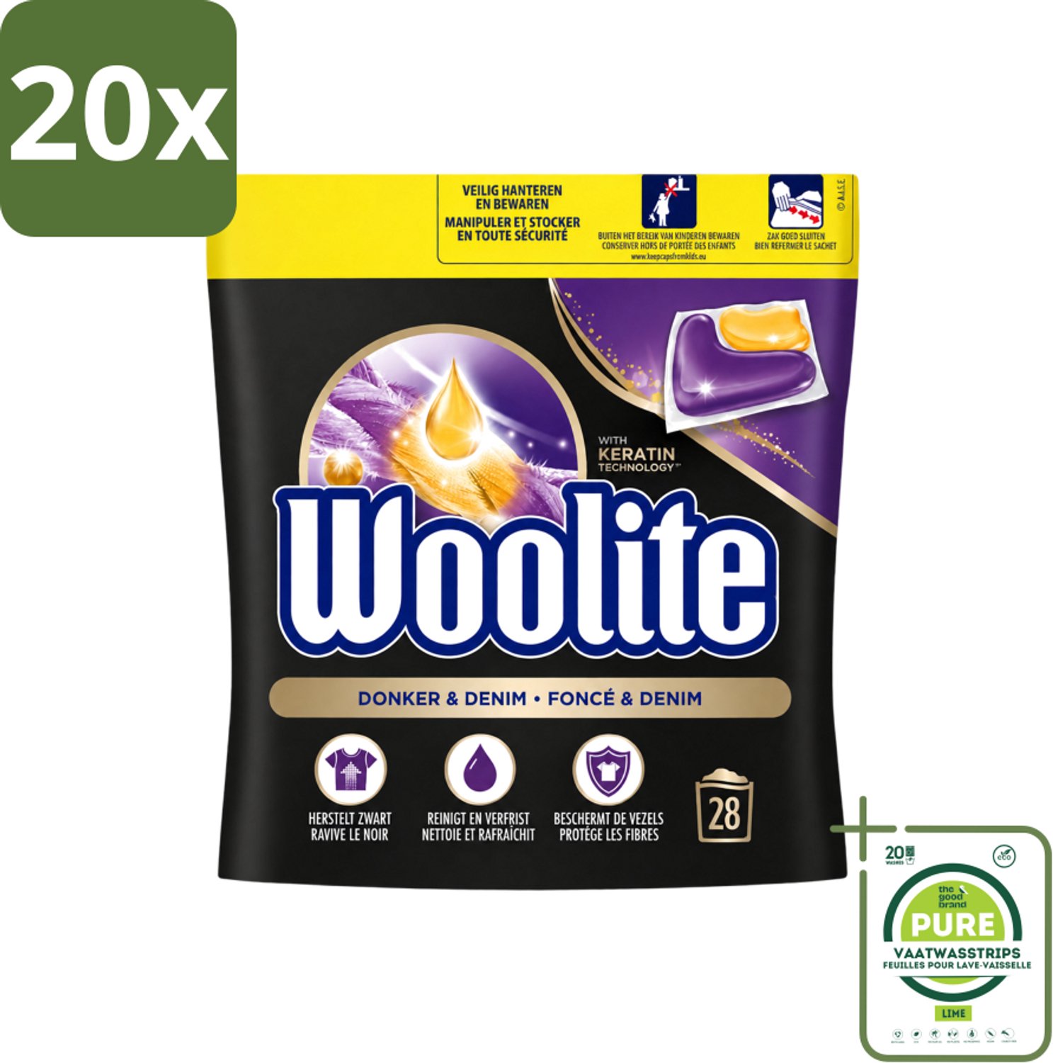20 x Woolite Dark - Wasmiddelcapsules - Met Keratine - Donkere & Denim Was - 28 Wasbeurten - Grootverpakking - Vaatwasstrips - Donker Wasmiddel - Denim Wasmiddel - Keratine Wasmiddel - Donkere Kleding Was - Wasmiddel Voor Zwart