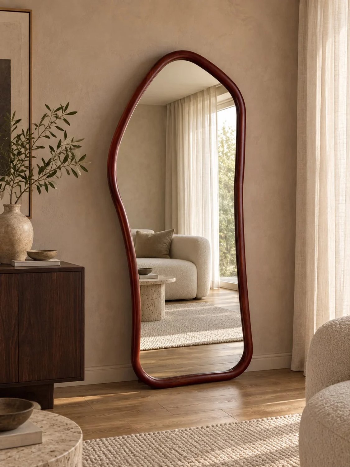 NORVETA Sienna – Organische Staande Spiegel met Houten Frame | 180 × 80 cm | Passpiegel Luxe Roodbruin