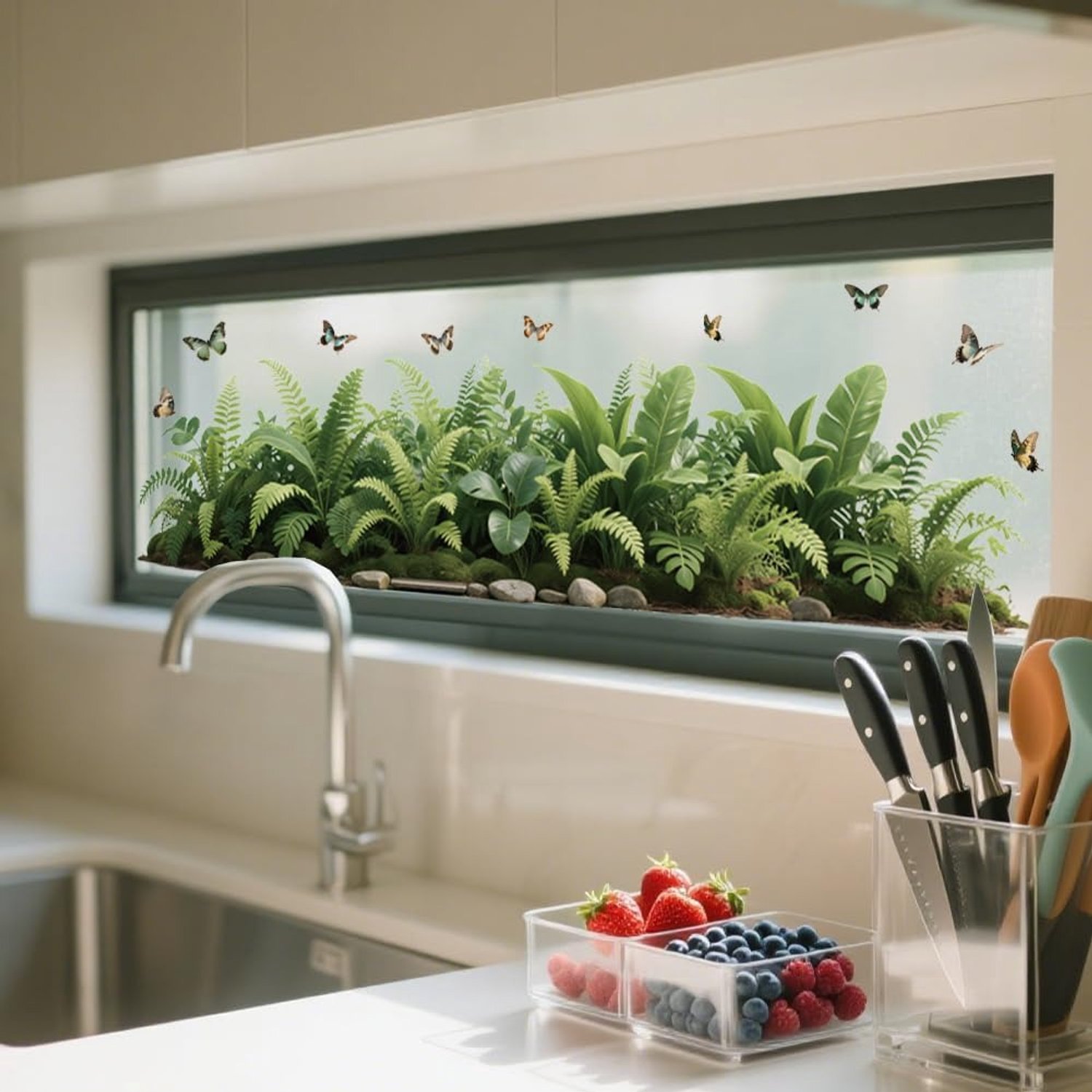 Famanu Herbruikbare raamsticker met planten en vlinders, 120 x 30 cm