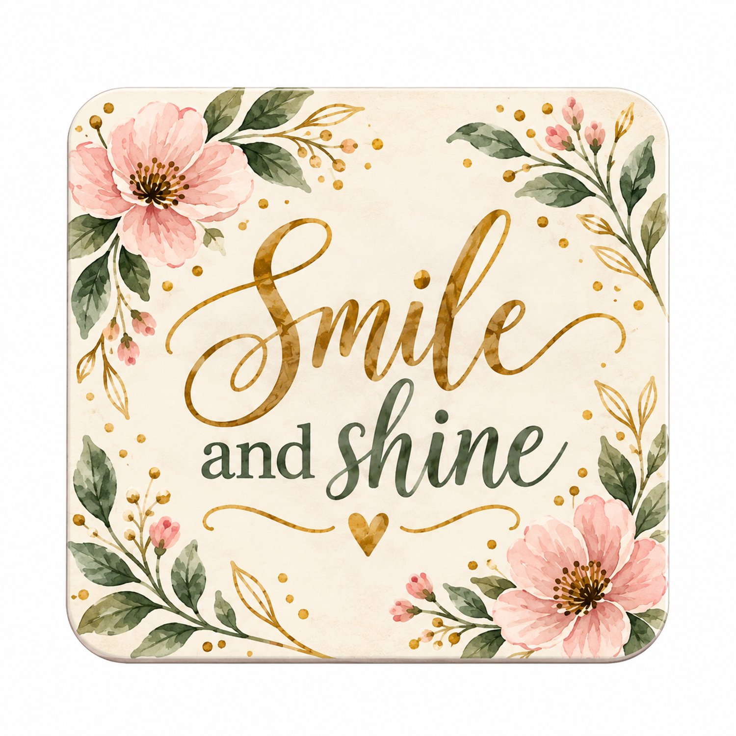 Smile and Shine MDF onderzetter 10x10cm – Bloemenprint – Inspirerende tekst