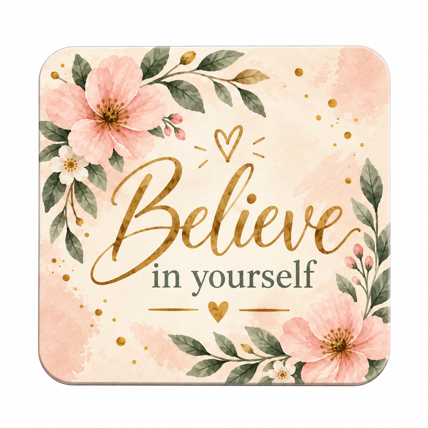 Believe in Yourself MDF onderzetter 10x10cm – Bloemenprint – Motiverende tekst