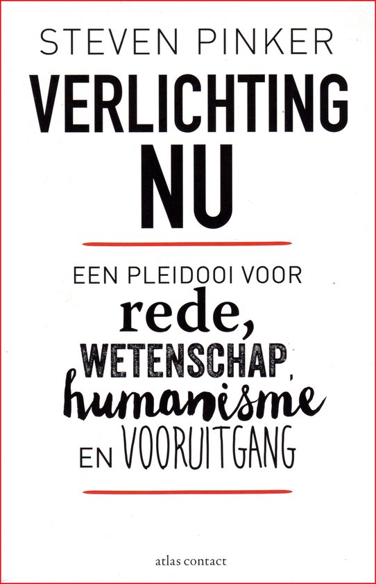 Boekomslag van 'Verlichting nu' door Steven Pinker, met zwarte tekst op een witte achtergrond en rode accentlijnen.