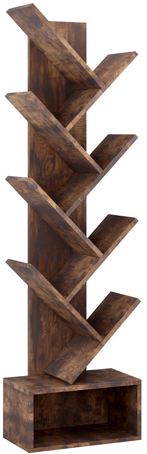 Tremeo Boomvormige Boekenkast - Smalle Staande Boekenplank - Boekenrek - 8 Ruime Opbergvakken - Bruin Houtlook - 20x37x120 cm
