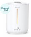 Witte Qumax luchtbevochtiger met een verlichte verticale strip, touch-knoppen en een fluisterstille werking onder 35 dB.