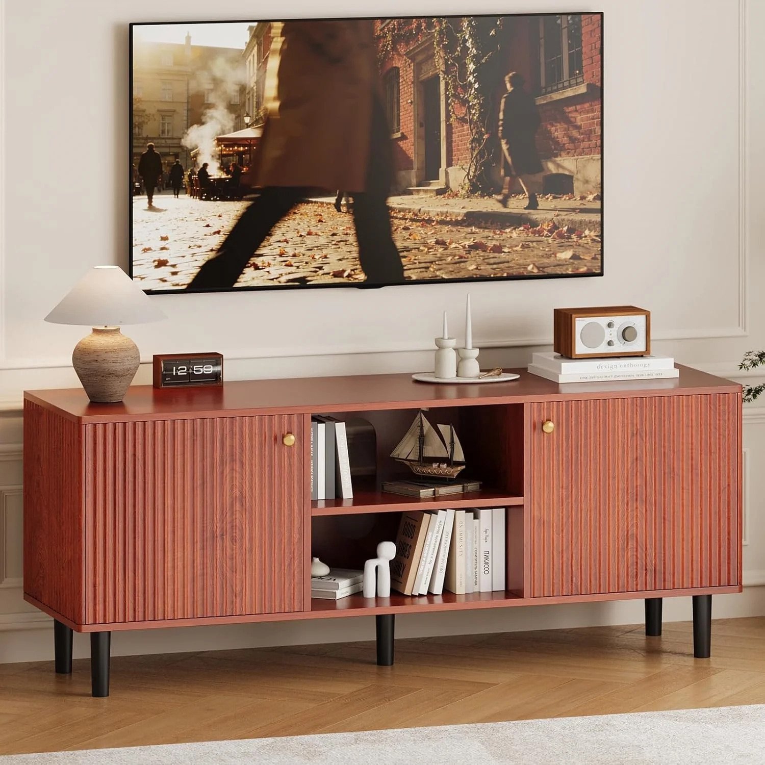 Gudalio TV meubel - TV kast - Opbergruimte - tot 65 inch - 2 deuren - Soft Close - Modern - 140 x 63,7 x 40 cm - Hout - Walnoot