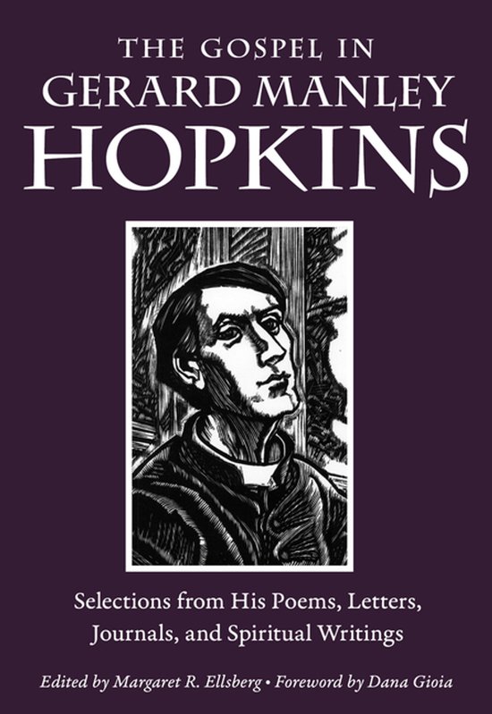 Boekomslag met een zwart-wit illustratie van Gerard Manley Hopkins op een paarse achtergrond met witte tekst.