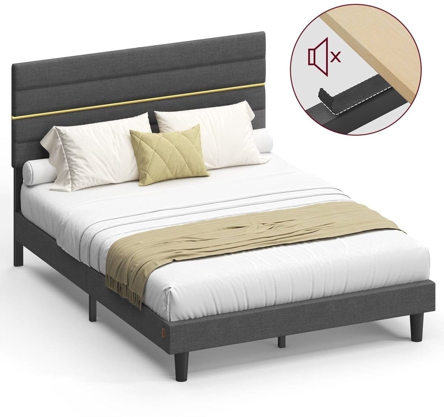 Klarven Bedframe Grijs - Gestoffeerd Hoofdbord - Metalen Frame - Draagvermogen 500 kg