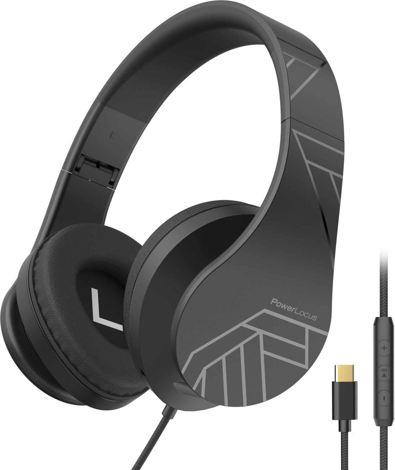 PowerLocus P2 Wired - Koptelefoon met Draad USB-C - Microfoon - Inklapbaar - Over-Ear Hoofdtelefoon met Kabel - Comfortabele Pasvorm - Audio Sharing Port - Zwart