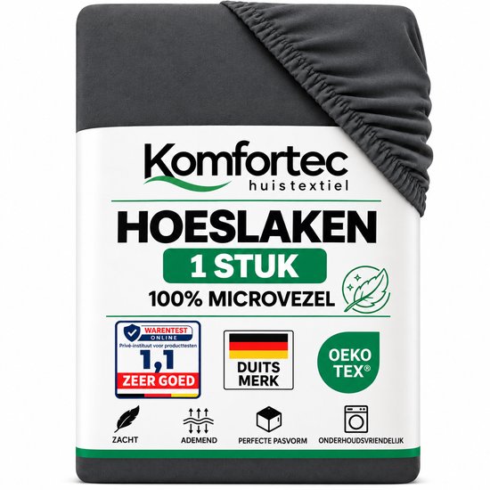 Drap-housse anthracite Komfortec en microfibre 100% respirante, certifié OEKO-TEX, présenté dans son emballage.