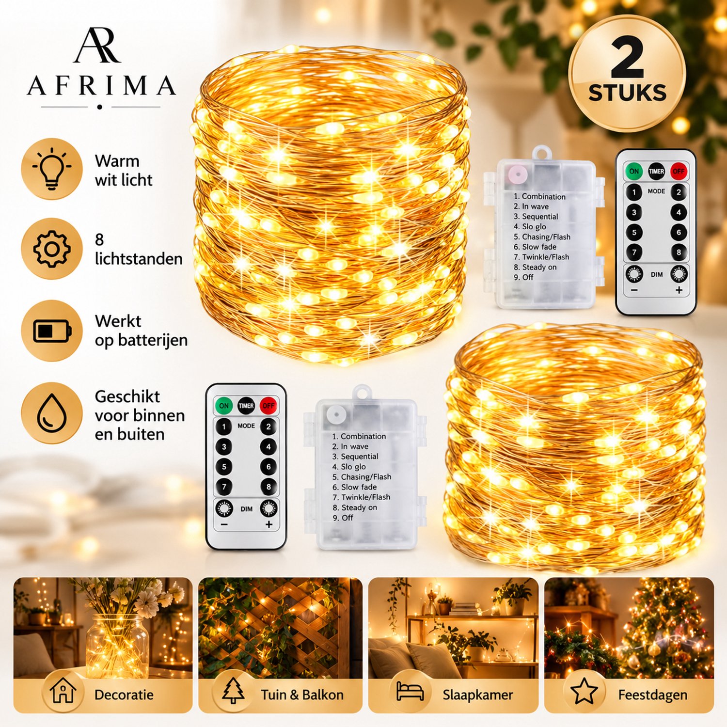 AFRIMA LED Lichtslinger 2 stuks 10 meter 100 LEDs Warm Wit met Afstandsbediening en Timer, IP65 Waterdicht Koperdraad voor Binnen en Buiten