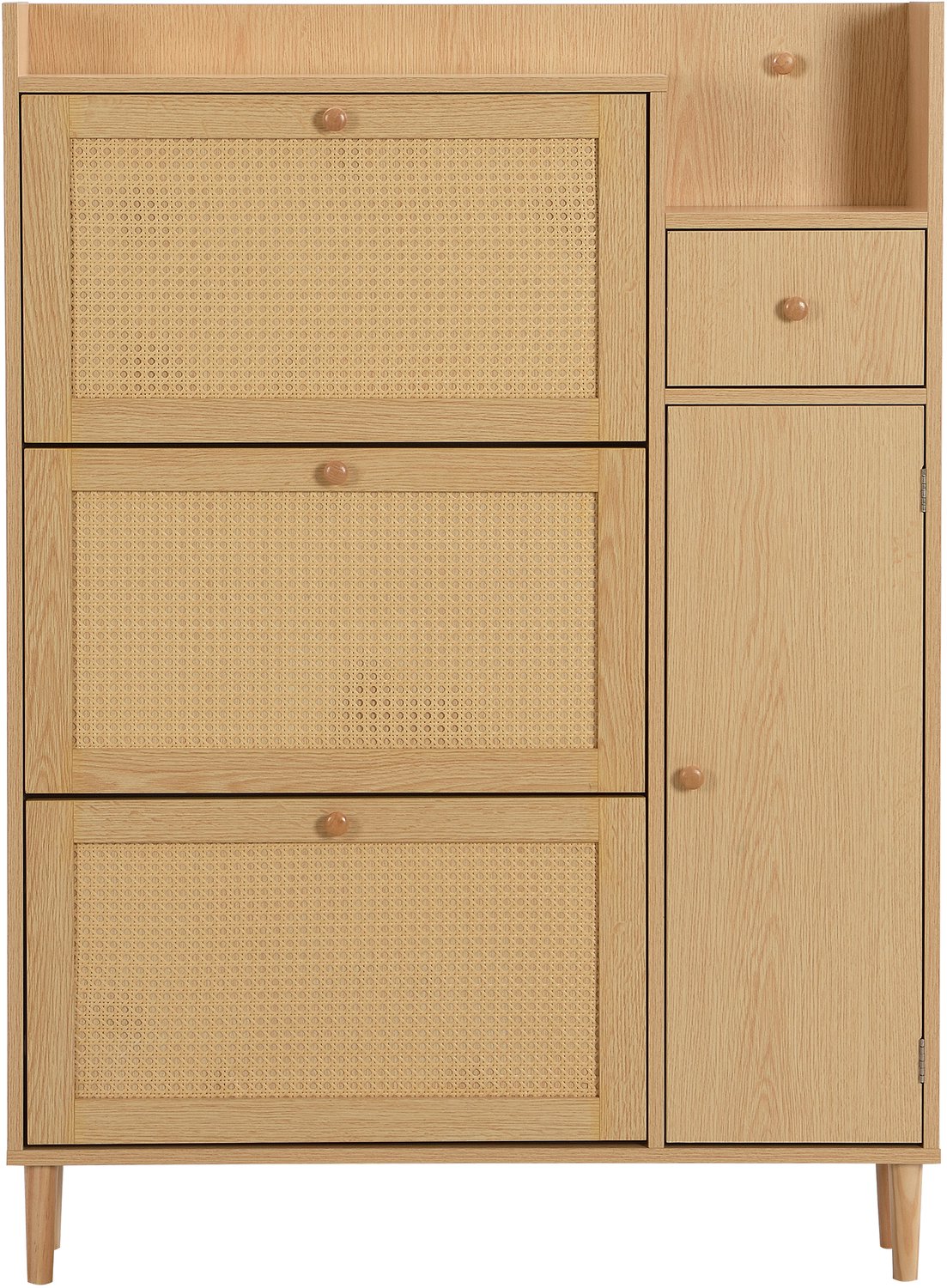 SONNENH Smalle schoenenkast met 3 kleppen, lade en zijvak - Rotanlook - 90 x 17 x 125 cm