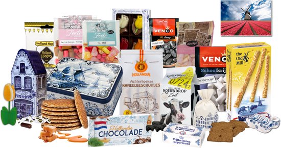 Assortiment met Oud-Hollandse lekkernijen zoals stroopwafels, drop, speculaas en chocolade in een decoratieve geschenkdoos.