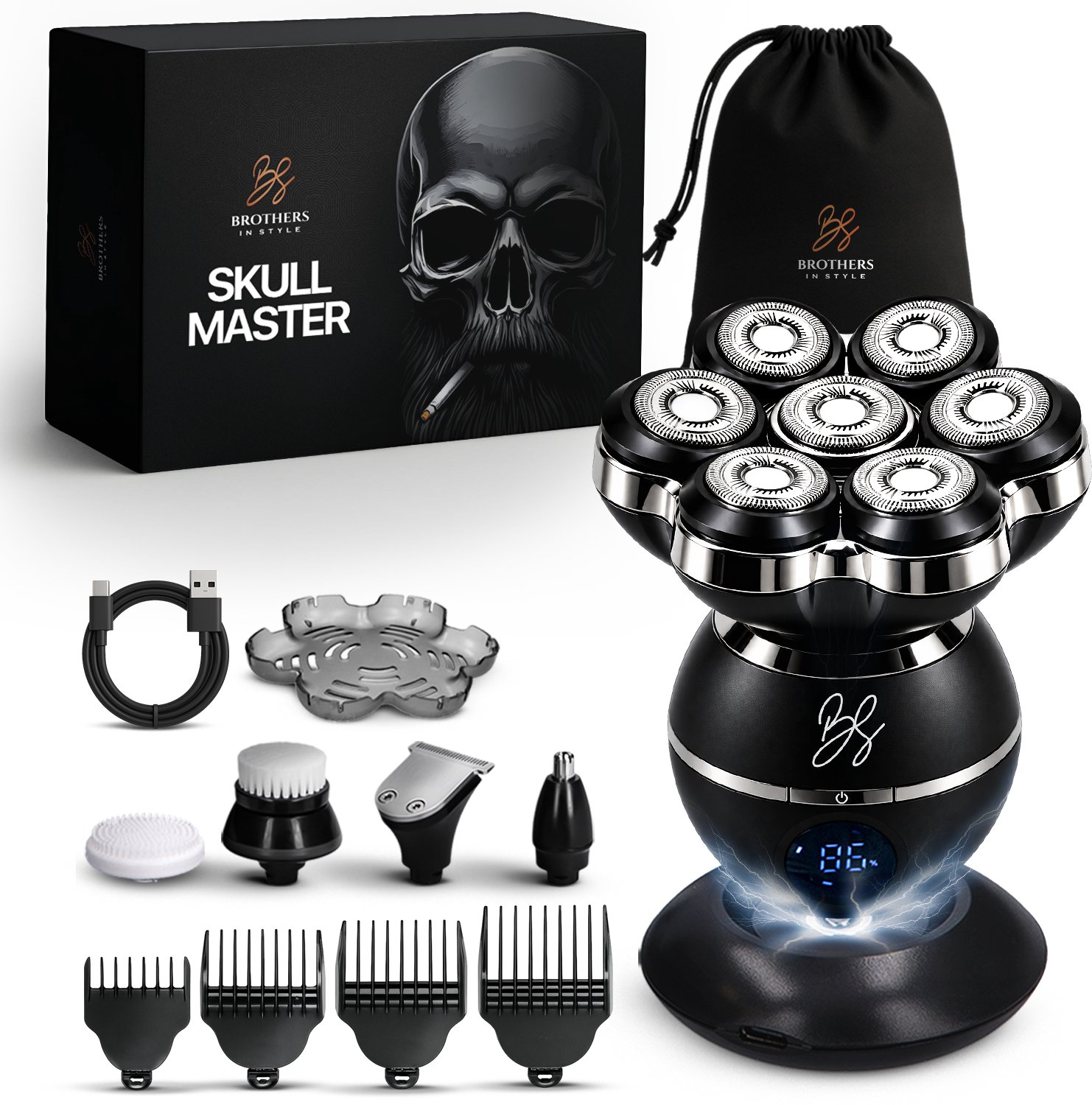Bol.com Scheerapparaat Mannen 8-in-1 – Skull Master Zwart - Scheerapparaten met Trimmer - Kaal Hoofd - Head Shaver – Brothers in... aanbieding