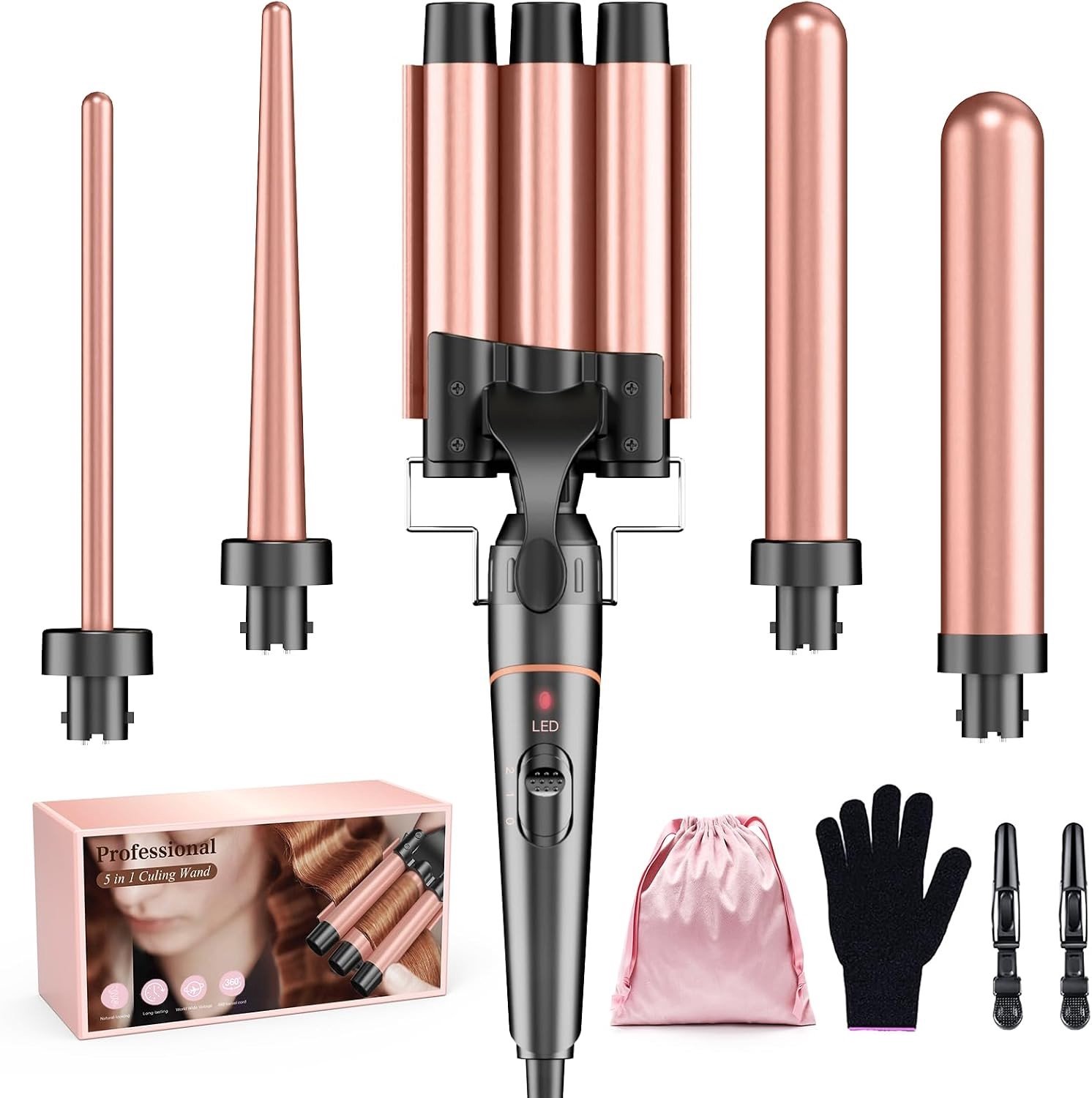 Krultang Set - Roségoud - 5-in-1 Keramische Krultang met Verwisselbare Vaten - Voor Alle Haartypes