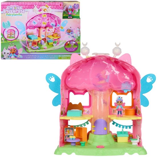 Roze Gabby's Poppenhuis Fairylandia speelset met feeënfiguren, meubels en verlichte bloemendak.