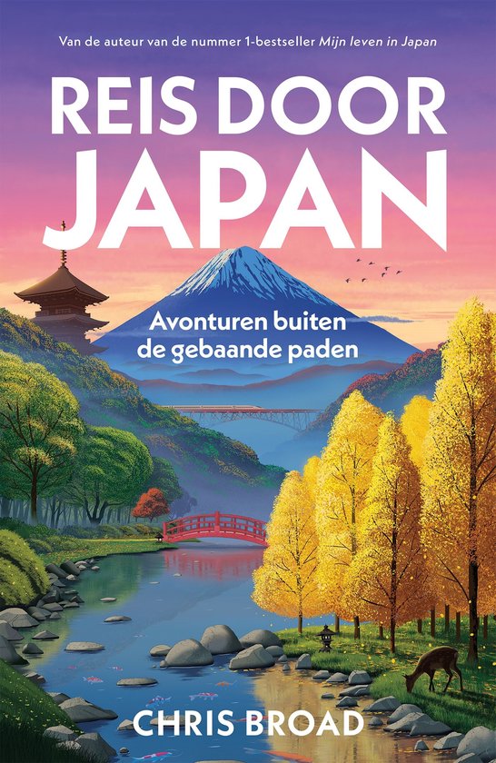 Boekomslag: Reis door Japan met illustratie van de berg Fuji, een pagode, rode brug en herfstkleuren bij zonsondergang.