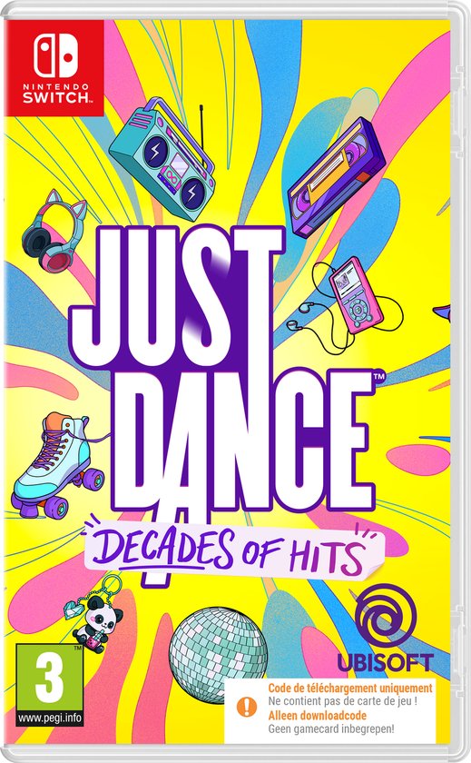 Just Dance: Decades of Hits voor Nintendo Switch. Kleurrijk ontwerp met retro-audioapparatuur, discobal en dansschoenen.