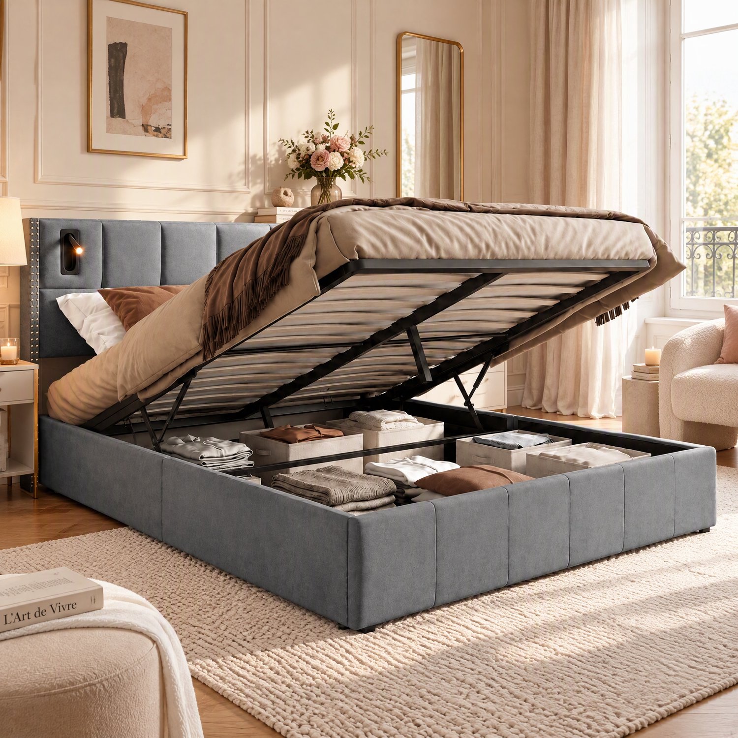 MEXUS Opbergbed 140x200 cm, hydraulisch bed met USB en LED, gestoffeerd tweepersoonsbed met opbergruimte, bed voor 2 personen met hoofdbord, lattenbodem, bedframe voor volwassenen en tieners, fluweel Grijs