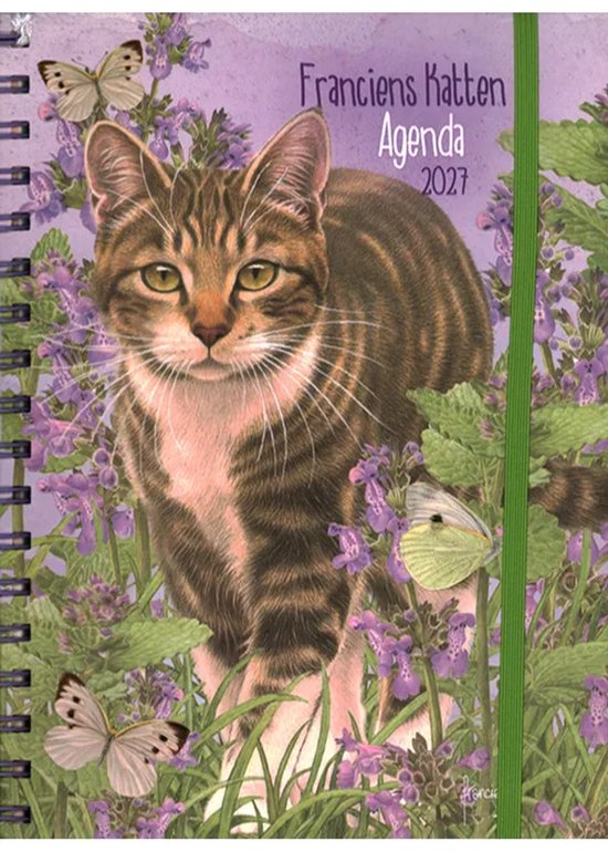 Spiraalgebonden agenda 2027 met een cypers-bruine kat tussen paarse bloemen en witte vlinders.