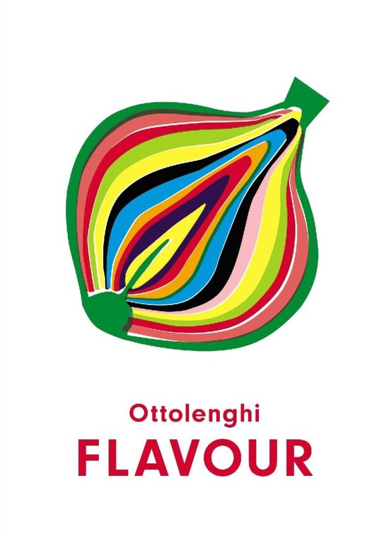 Gestileerde ui in regenboogkleuren met de tekst Ottolenghi FLAVOUR in rood onderaan.