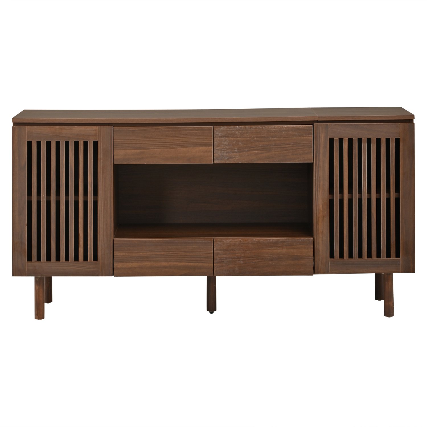SONNENH Dressoir met 4 laden, 2 lamellendeuren, open vak en houten voeten - Walnootlook - 140 x 35 x 71 cm