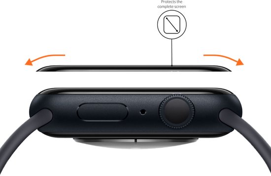 Zijkant van zwarte Apple Watch met witte band, met screenprotector die het scherm bedekt.