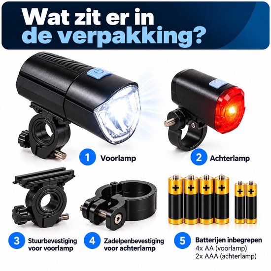 Fietsverlichting Set - Voorlicht & Achterlicht - 3 Lichtsterktes - Bereik tot 100 Meter - Inclusief 6 Baterijen — afbeelding 4