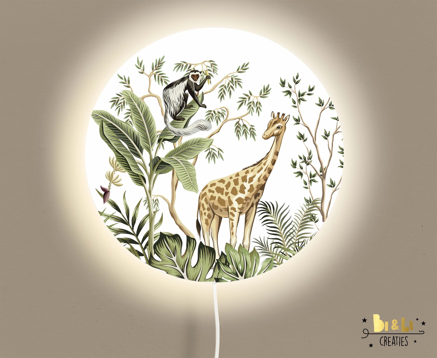 Wandlamp rond jungle monkey giraf-lamp-giraf-aapje-sfeerverlichting-kinderkamerdecoratie-woonaccessoires