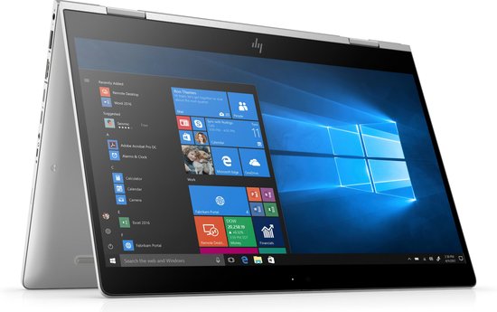 Zilveren HP EliteBook in tentstand met Windows 10-scherm.