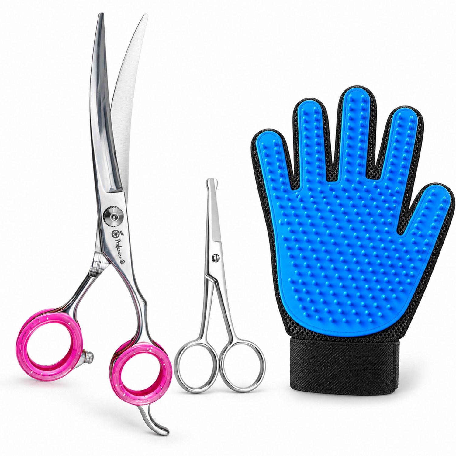 Professor Q Hondentrimset - Omhoog Gebogen Trimschaar 7,5 inch Roze - Potenschaar Zilver en Vachthandschoen Blauw - 3-delig