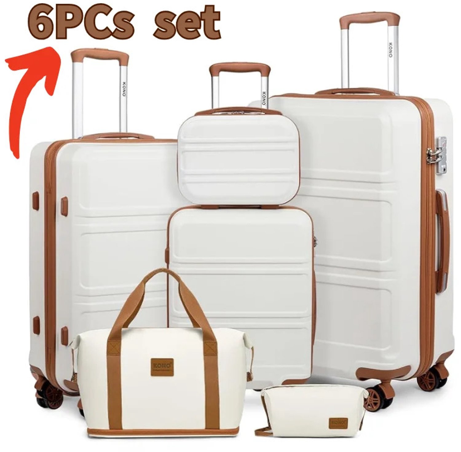 Gudalio Kofferset - 6 delig - Bagage Set - Harde Reiskoffers - Handbagage - Toilettas - TSA Slot - Lichtgewicht - Ivoor - Bruin - Wit