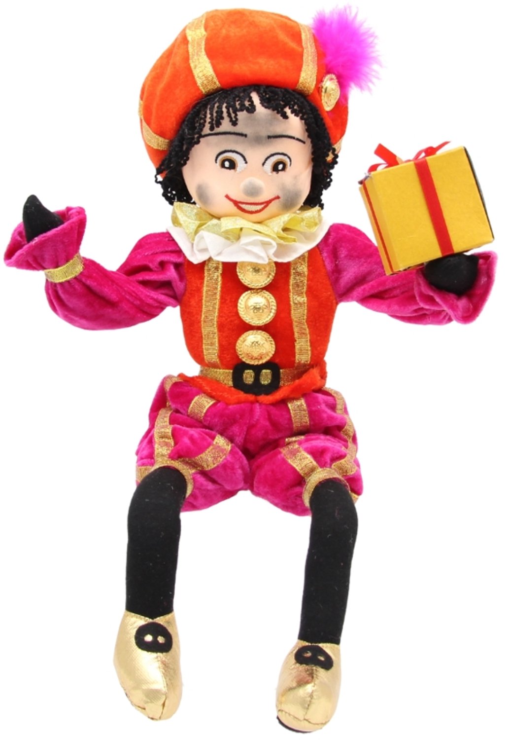 Pietenpop met cadeautje- Sinterklaasdecoratie - roetveegpiet - 40 cm- Beekwilder design - handgemaakt