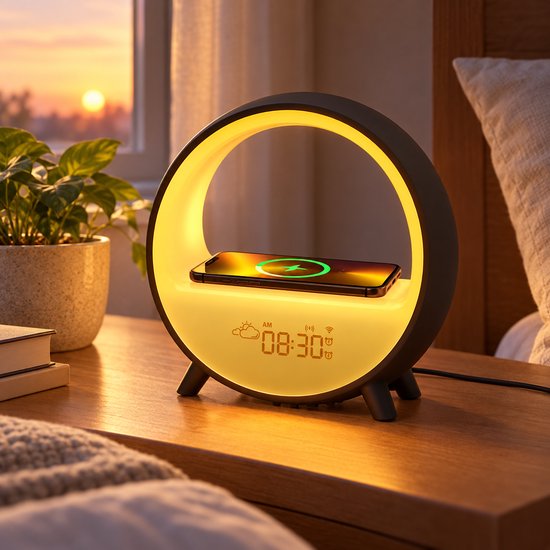 Ronde, zwart-gouden wake-up light met draadloze oplader voor smartphone en digitaal display dat 08:30 aangeeft.