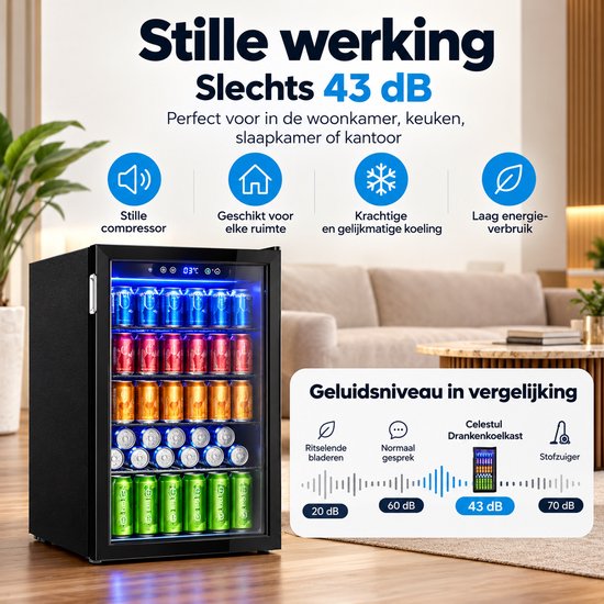 Celestul Drankenkoelkast 90L - Mini Koelkast voor Bier Wijn & Frisdrank - 126 Blikjes - Glazen Deur - LED - Stil - Instelbare Temperatuur - 49×44,5×78cm - Zilver — afbeelding 3