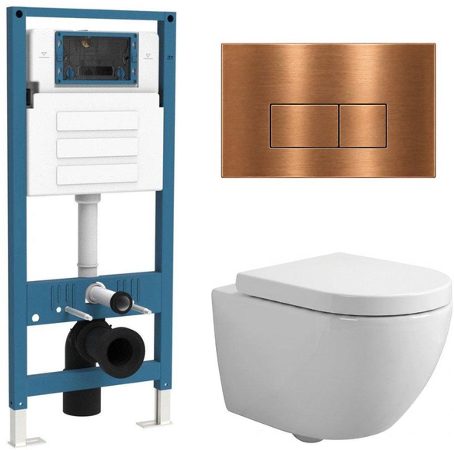QeramiQ Dely Swirl Compact Toiletset - inbouwreservoir QeramiQ flush - 25mm zitting - metalen bedieningsplaat koper - rechthoekige knoppen - glans wit