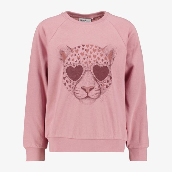 Roze NAME IT sweater met luipaardprint in hartjesvorm en glitterbril, maat 134/140.