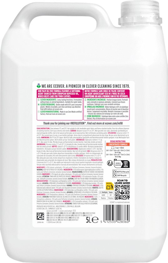 Grande bidon blanc avec texte jaune et noir, 'ECOVER', 'REFILL', 'CONCENTRATED FORMULA'. Contenu 5L.